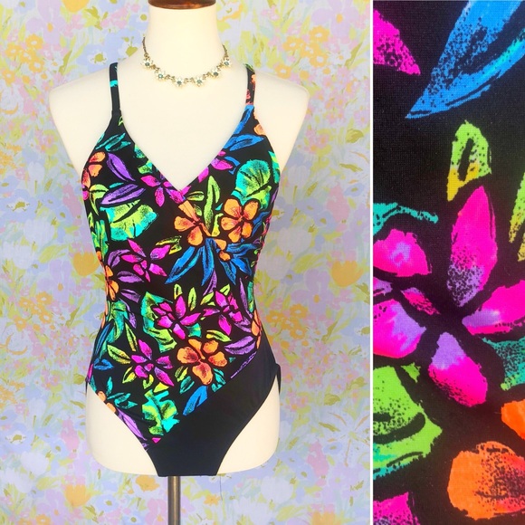 Vintage Other - RAD💖90s Day Glow Floral One Piece Bathing Suit!